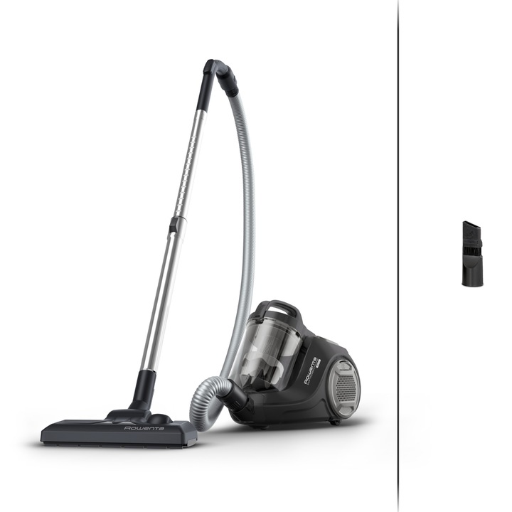 Aspirator fara sac Rowenta Swift Power Cyclonic RO2915EA, 750W, 3 niveluri de filtrare 99.98%, recipient praf 1.2L, raza de operare 7.6m, zgomot redus 77 dB(A), duza spatii inguste, tub metalic telescopic, negru & gri