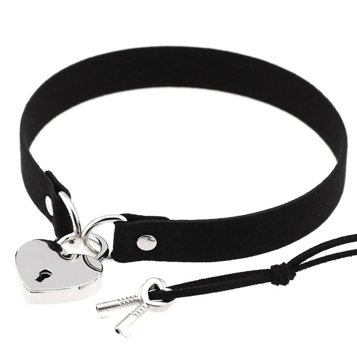 Colier choker punk gothic cu lacat in forma de inima, negru