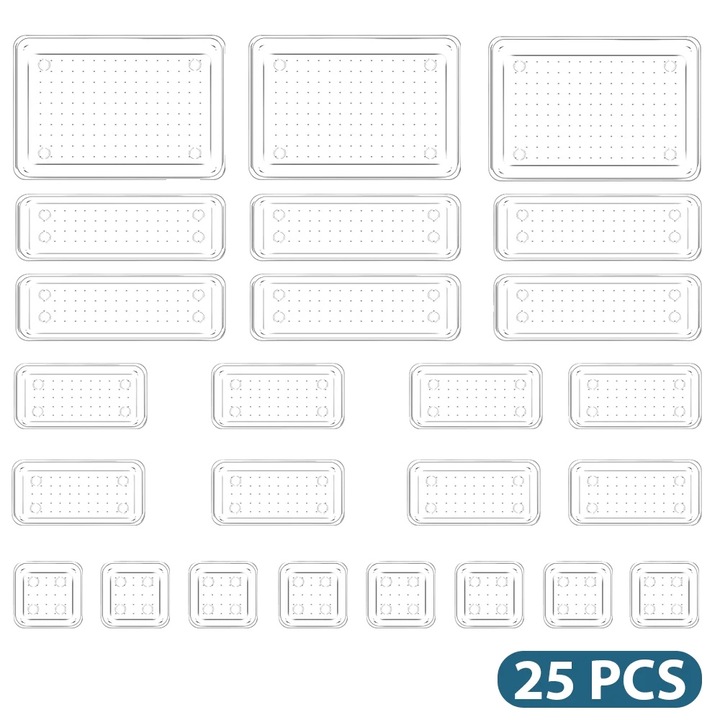 Set organizatoare sertar, 25 piese, plastic transparent, ecologic, dimensiuni variate