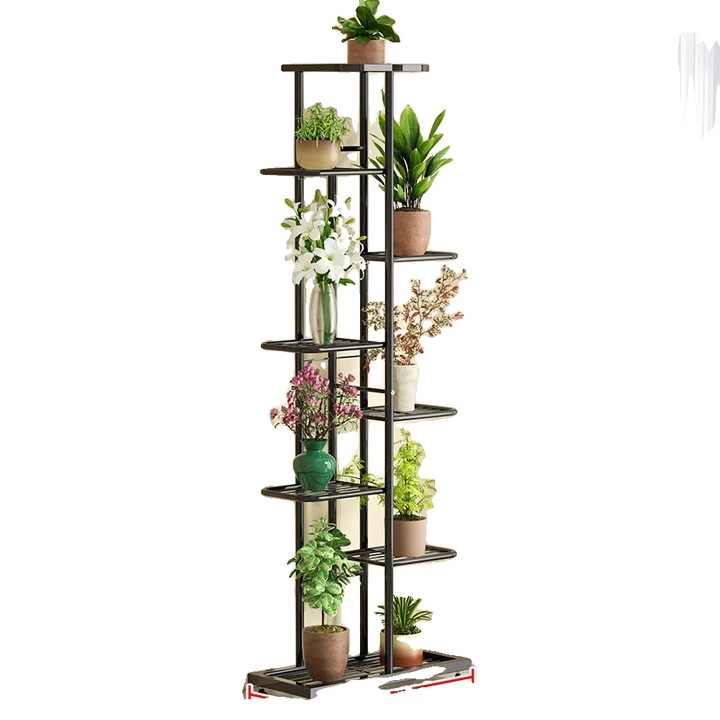 Suport pentru plante, 8 etaje, metal, negru, 141x22x42cm