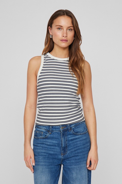 Vila, Рипсен танк топ с овално деколте, Бял/Избеляло черно