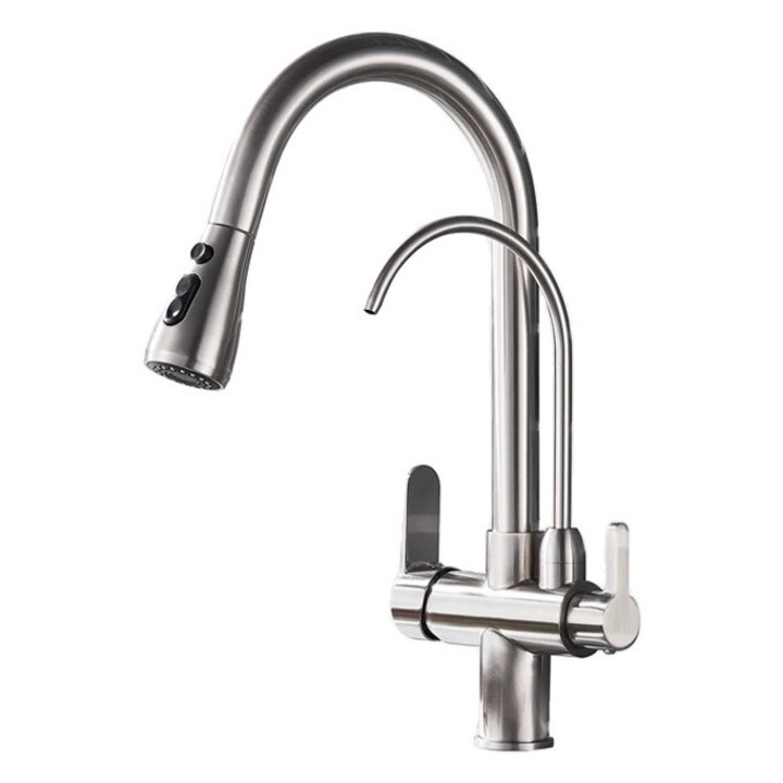 OEM Konyhai csaptelep, visszahúzható spray funkció, szűrt víz, szálcsiszolt nikkel bevonat, munkalapra szerelés