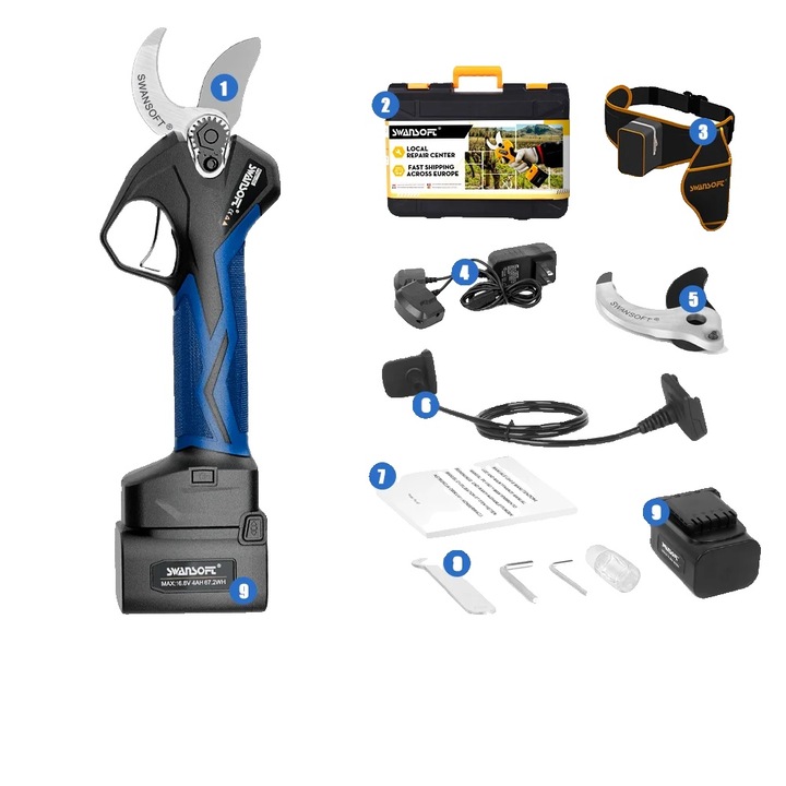 Foarfeca electrica de gradinarit fara fir, motor fara perii, tip foarfeca dubla, SW-Pru36 albastra, doua baterii