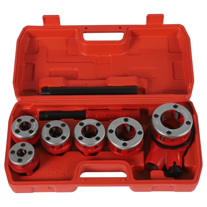 Set manual filetat pentru tevi, 6 capete, BSPT, otel 45#/aliaj/ABS, rosu, 6-32 mm
