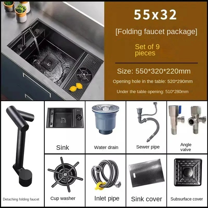 Chiuveta bucatarie din inox, design cu un singur bol, robinet pliabil, 55cmx32cm