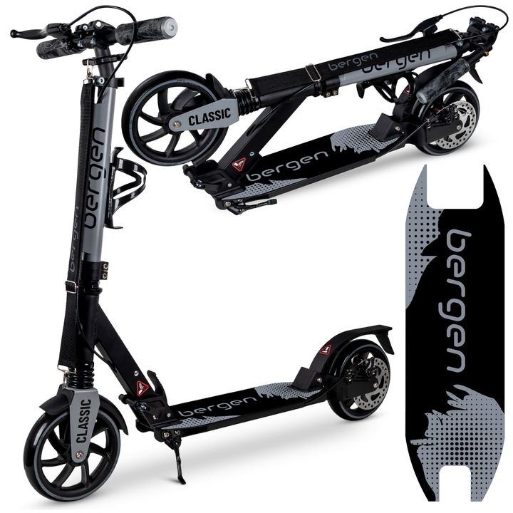 Trotineta urbana Bergen Classic, Pliabila, Roti mari din cauciuc de 200 mm, Suspensie fata si spate, Frana pe disc, Pentru copii si adulti, Baieti si fete, De la 6 ani, Ghidon reglabil, Curea de transport, Suport pentru sticla de apa, Negru/Gri