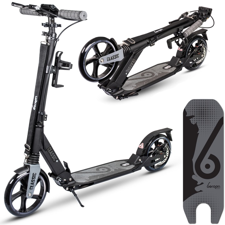 Trotineta urbana Bergen Classic, Pliabila, Roti mari din cauciuc de 200 mm, Suspensie fata si spate, Frana pe disc, Pentru copii si adulti, Baieti si fete, De la 6 ani, Ghidon reglabil, Curea de transport, Suport pentru sticla de apa, Negru/Gri