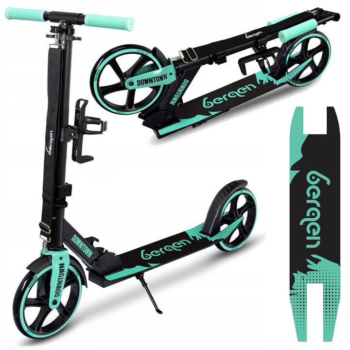 Bergen Downtown összecsukható roller, 200 mm-es kerekekkel, alumínium, súly 3,3 kg, fekete-zöld színű, kiegészítő lappal együtt.