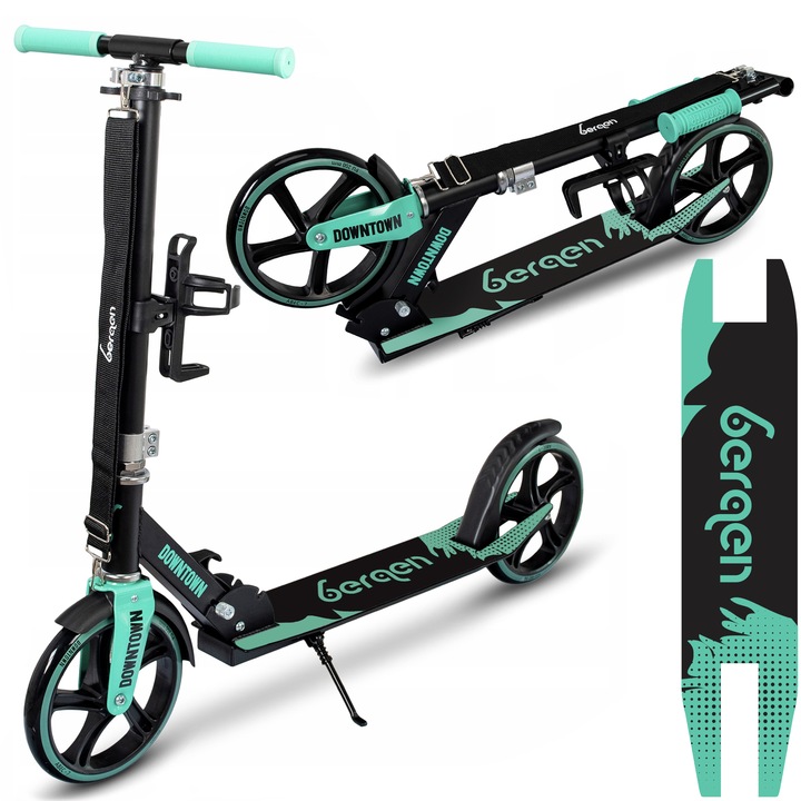 Тротинетка Bergen Downtown, Сгъваема, колела 200 мм, алуминий, тегло 3.3 кг, черно-зелен цвят, комплект с допълнителна платформа