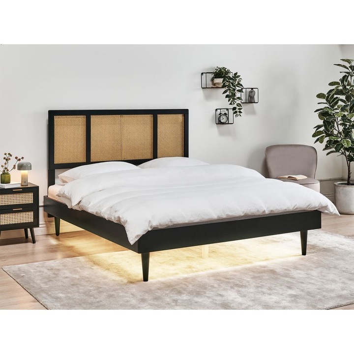 Fekete fa franciaágy LED világítással 160 x 200 cm Auray