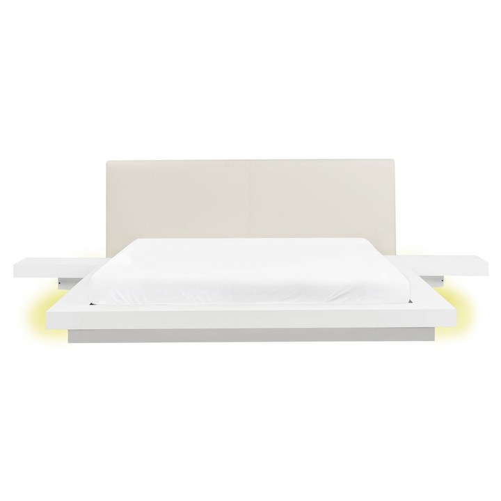 Fehér franciaágy műbőr fejtámlával és LED világítással 160 x 200 cm Zen