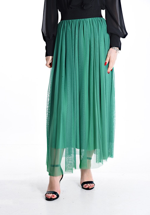 Fusta Tulle Longuette cu jupa si elastic in talie, Verde, One Size