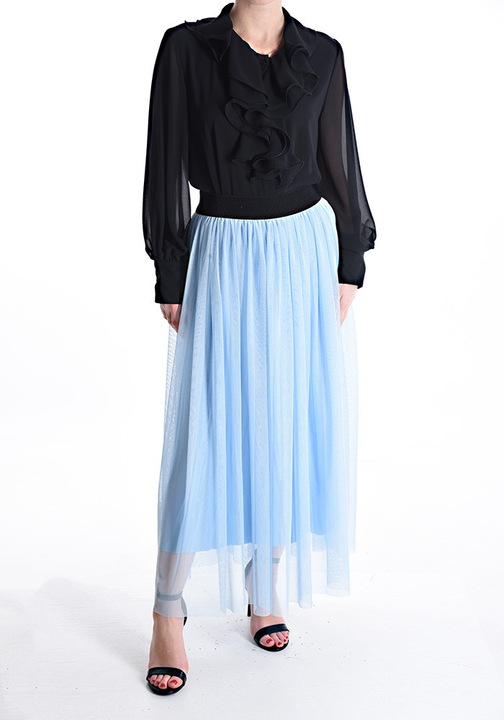 Fusta Tulle Longuette cu jupa si elastic in talie, Albastru deschis, One Size