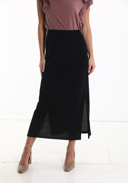 Fusta Longuette cu elastic si Crepeu, Negru, One Size