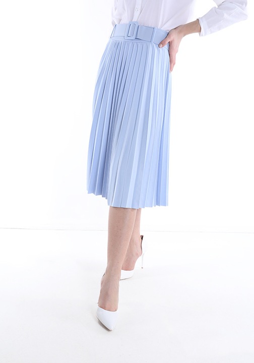 Fusta midi plisata Ruby cu curea, albastru deschis - One Size