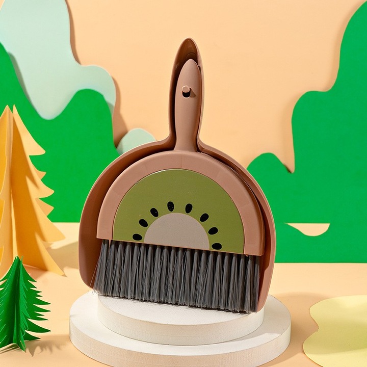 Комплект мини метла и кофичка за боклук, Flippy, LITTLE CLEANER, домакинска употреба, за офис, кухня, дом, модел киви, 23 x 18 см кафяво-зелен