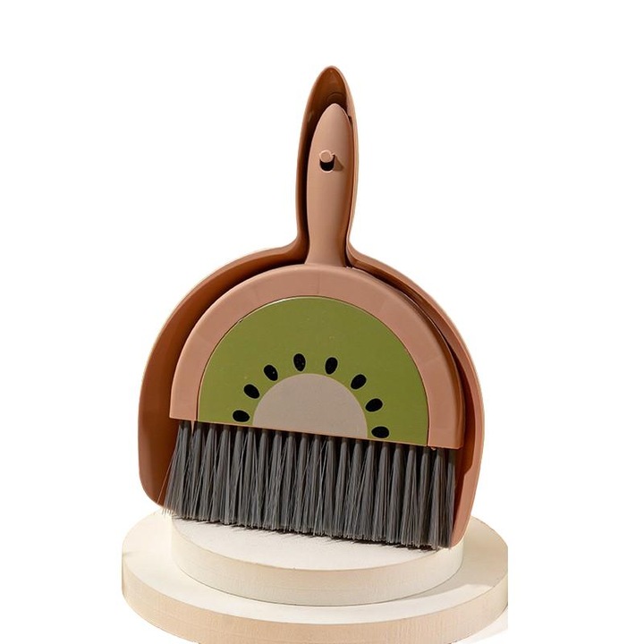 Set Mini Matura si Faras, Flippy, LITTLE CLEANER, Uz Casnic, pentru Birou, Bucatarie, Casa, Model Kiwi, 23 x 18 cm Maro-Verde