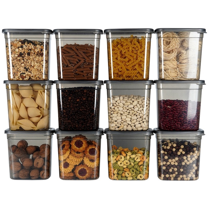 Set De Recipiente Pentru Produse Vrac, Vilde, 16.5 x 11 x 16 cm, Fabricate Din Material Rezistent, Fara BPA, Pot Fi Spalate In Masina De Spalat Vase, Pot Fi Folosite In Cuptorul Cu Microunde Fara Capac, 12 Bucati, Gri Inchis