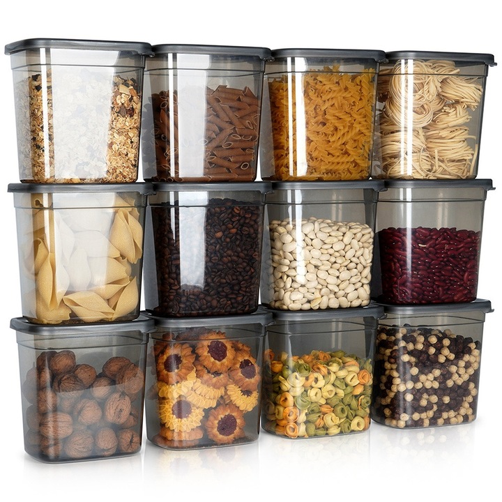 Tartálykészlet ömlesztett termékekhez, Vilde, Fedővel, 12 db, Mosogatógéphez, Űrtartalom 1,85 L, 16,5x11x16 cm, Szürke