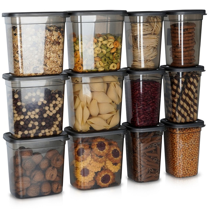 Tömeges élelmiszer-tároló készlet, Vilde, Fedővel, 12 db, Mosogatógépben mosható, Űrtartalom 1 L, 16,5x11x16 cm, Szürke