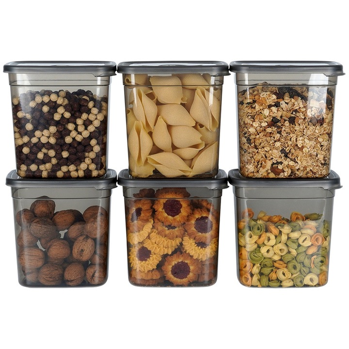 Set De Recipiente Pentru Produse Vrac, Vilde, 16.5 x 11 x 16 cm, Fabricate Din Material Rezistent, Fara BPA, Pot Fi Spalate In Masina De Spalat Vase, Pot Fi Folosite In Cuptorul Cu Microunde Fara Capac, 6 Bucati, Gri Inchis