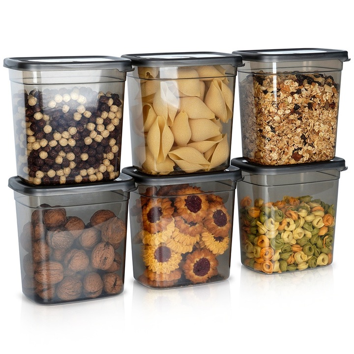 Tömeges konténer készlet, Vilde, Fedővel, 6 részes, Mosogatógépben mosható, Űrtartalom 1,85 L, 16,5x11x16 cm, Szürke