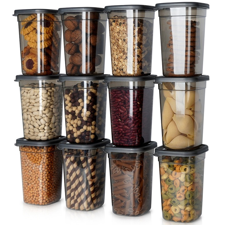 Tömegtermék-tároló készlet, Vilde, Fedővel, 12 db, Mosogatógépben mosható, Űrtartalom 1 L, 11x11x16 cm, Szürke