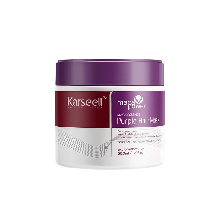 Маска за коса Karseell Purple/Violet Hair Treatment Mask, неутрализира жълтите и оранжевите тонове, хидратира и възстановява русата, изрусена или сива коса, 500 мл