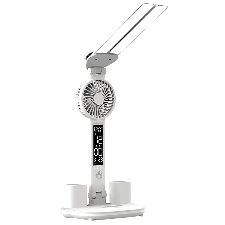 Lampa de birou LED multifunctionala, Cu ventilator si ceas, 3200mAh, Suport stilou, Reglabil la 180°, Ajustare a culorii pe trei niveluri, Dimmerare fara trepte, USB, Cap dublu, Protectia ochilor, Temperatura, Orber, Alb