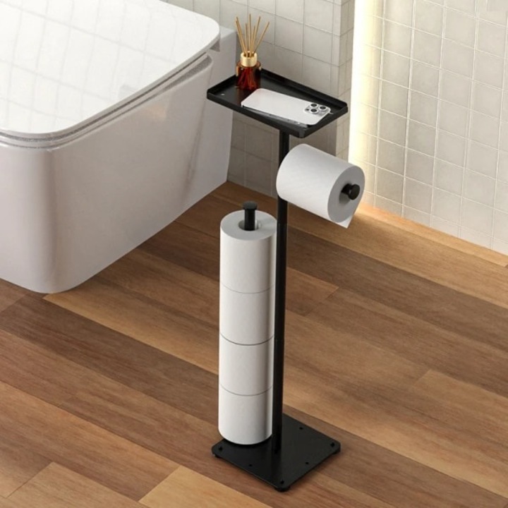 Suport pentru hartie igienica, metalic, inaltime 72cm, cu polita pentru accesorii, 2 spatii de stocare hartie igienica, negru