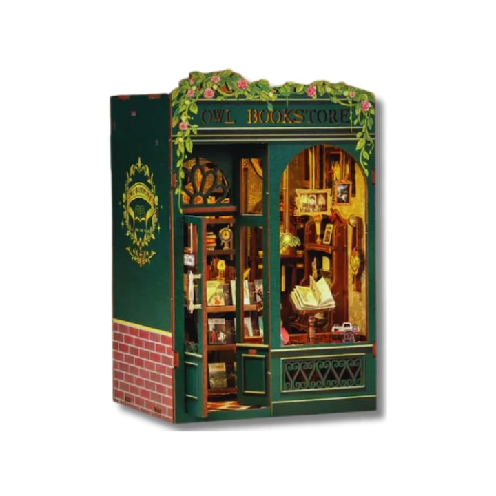 Комплект 3D Пъзел Book Nook Книжарницата на Бухала, Разделител за Книги, Направи си сам, DIY, Миниатюрен макет с LED Светлини, Сензорен Бутон, 17x11, 5x10 cm, 139 Части