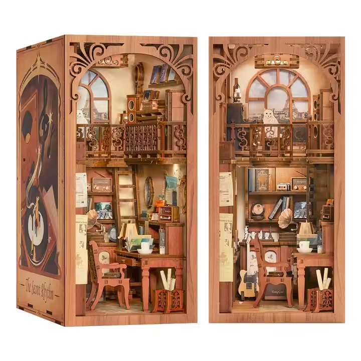 Комплект 3D Пъзел Book Nook Nookche Книжарницата на Мелодиите, Разделител за Книги, Направи си сам, DIY, С LED Светлини, Сензорен Бутон, 23x18x11 cm, 355 Части