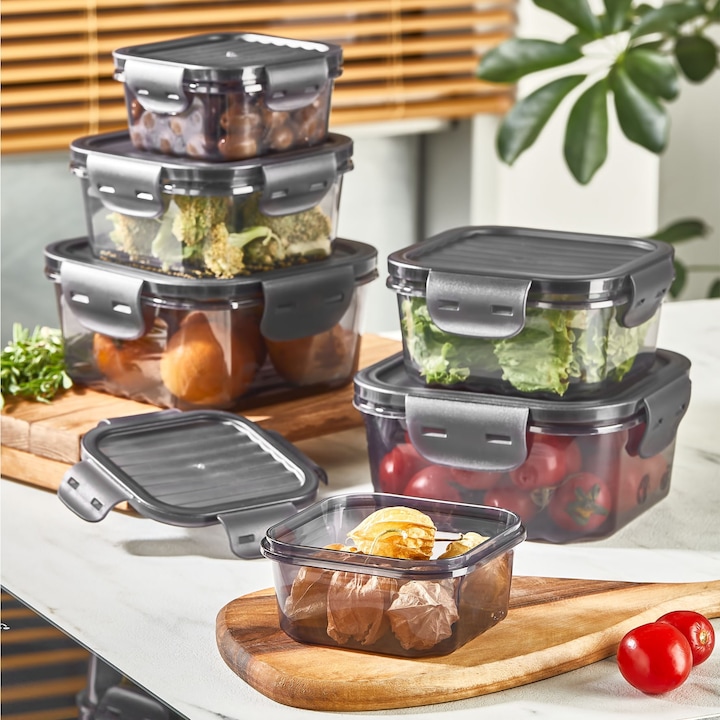 Set 6 Caserole din Plastic Premium Stylish UnicUtil®, Design Elegant Transparent cu Capace Etanse, Ideal Pentru Depozitarea Alimentelelor Gatite sau Proaspete, Potrivite Pentru Frigider, Congelator sau Picnic, Culoare Antracit Modern