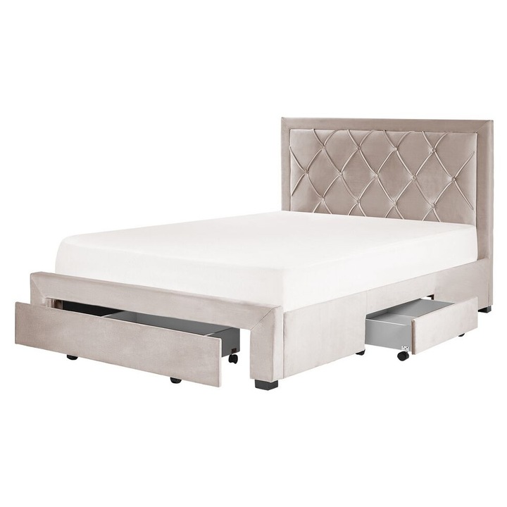 Bézs bársony ágyneműtartós franciaágy 140 x 200 cm Lievin