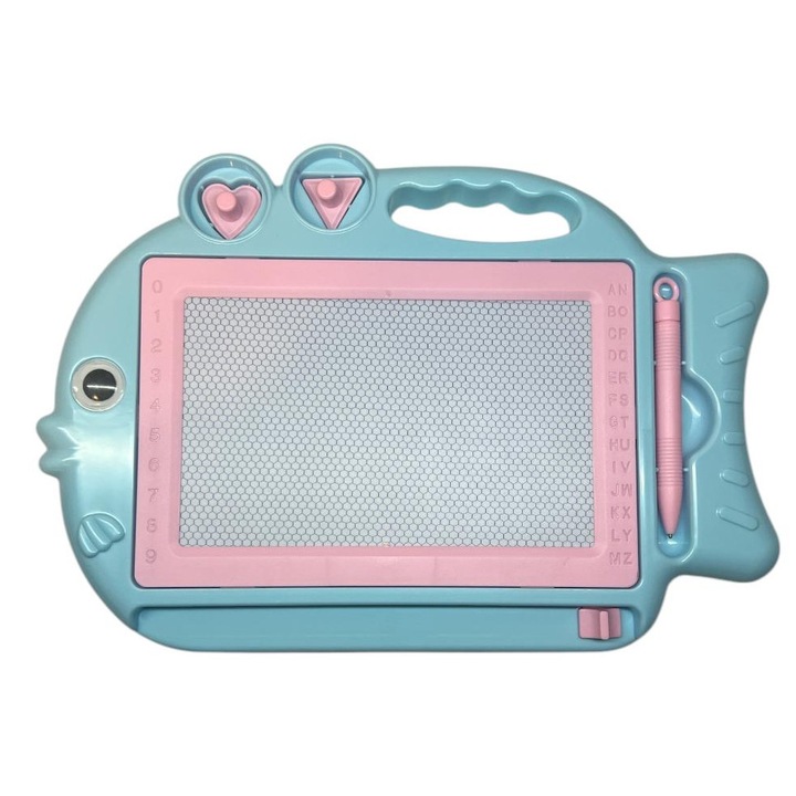 Tabla Magnetica Educativa Gladsome Bear cu Creion si 2 Stampile, 19x27 cm, Dezvolta Imaginatia si Creativitatea, Incurajeaza Exersarea Scrisului, Forma Pestisor, Bleu/Roz