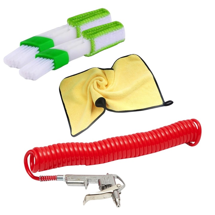Pistol si furtun spiralat suflare praf + laveta microfibra 40x30 cm + 2 buc perie cu par fin la un capat si 3 lamele cu microfibra la celalat cap pentru curatarea zonelor greu accesibile