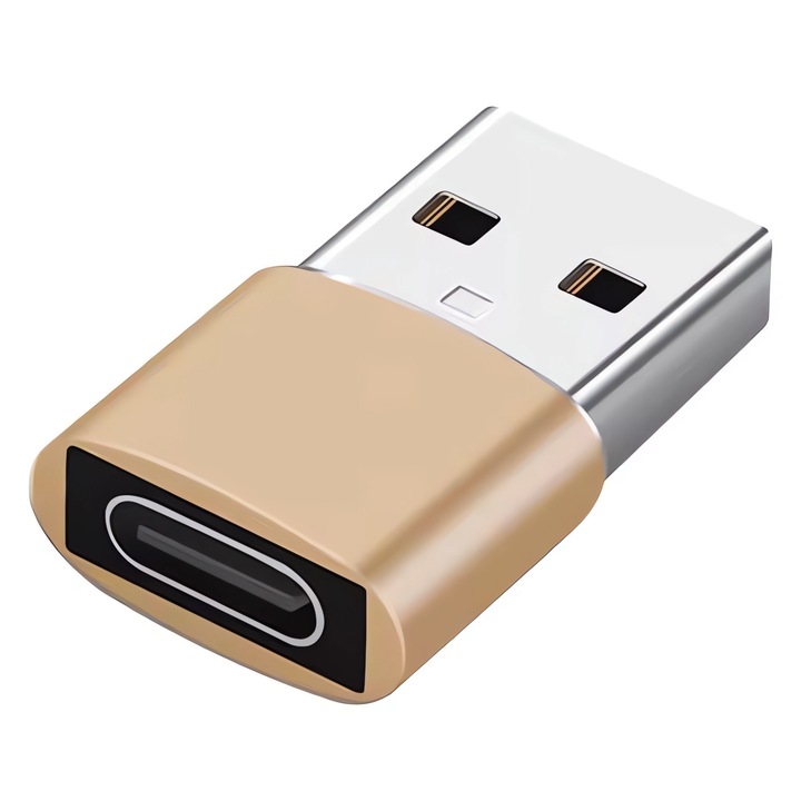 OTG адаптер Bervolo® USB-A към USB-C, бързо зареждане 3A, високоскоростен трансфер на данни, алуминиев корпус, компактен, златен
