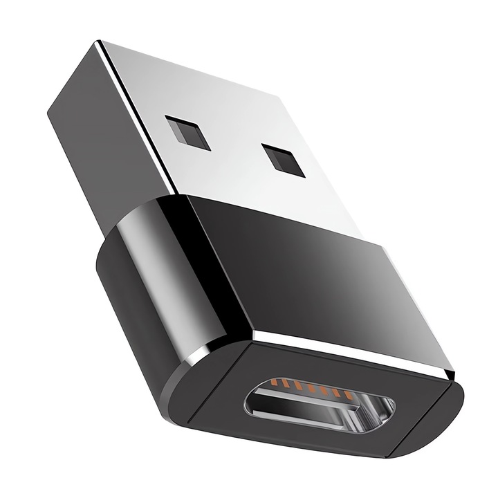 OTG адаптер USB-A към USB-C, бързо зареждане 3A, високоскоростен трансфер на данни, алуминиев корпус, компактен, черен