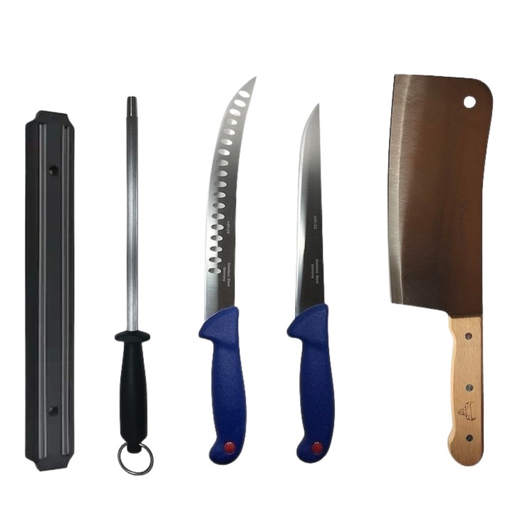 Set profesional de macelarie, filetat transat, degresat, feliat, 2 cutite, satar, suport magnetic, masat pentru ascutit, Dactylion®