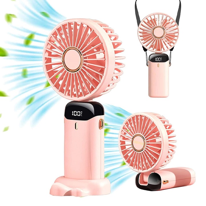 Ventilator Portabil 3 in 1 cu Aromaterapie, OPTIM SOLUTION, 5 Trepte de Viteza, Display LCD, Design SMART in Miniatura, pentru Vara, Pliabil 90°, Ultra Silentios, Cooling Tech, Autonomie 12h, Suport Telefon, de Mana, Gat, Reincarcabil prin USB, XTO, Roz