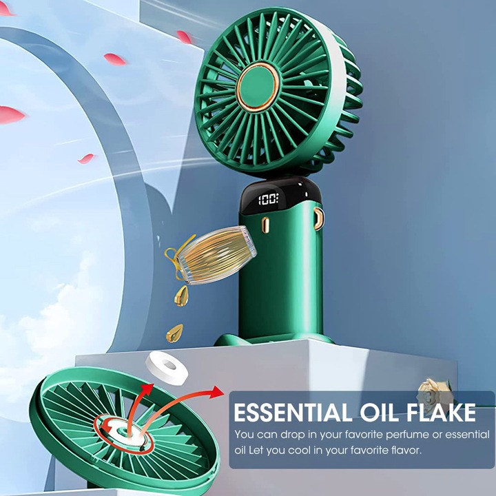 3 az 1-ben hordozható ventilátor aromaterápiával, OPTIM SOLUTION, 5 sebesség, LCD kijelző, Miniatűr SMART kialakítás, nyárra, 90°-ban összecsukható, Ultracsendes, Hűtéstechnika, 12 órás autonómia, Telefontartó, Kézi, Nyak, USB Újratölthető, XTO, Zöld