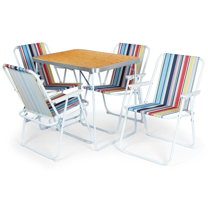 Комплект туристически мебели, Vilde, Сгъваема маса, 4 стола, МДФ, Метал, 80x60 см, Многоцветен