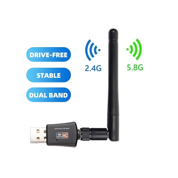 Мини Wi-Fi адаптер, 600Mbps скорост, двулентов, преносим, Wi-Fi гореща точка, USB 2.0 интерфейс, разширена съвместимост, компактен и преносим дизайн, черен