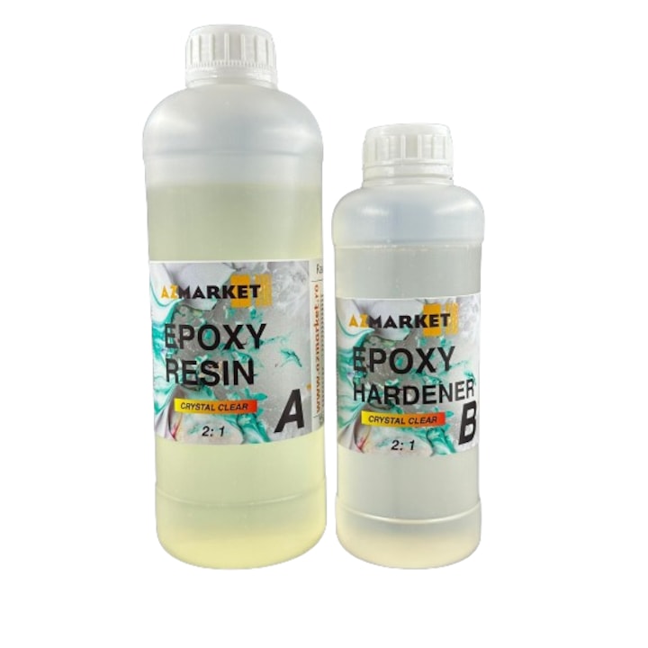 Set Rasina epoxidica 1.5 kg, AZMarkeT, SuperClear ETV, transparenta, ideala pentru bijuterii, lemn, pardosele 3D