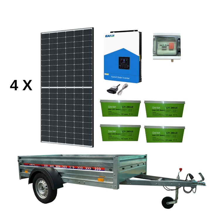 Remorca solara generator fotovoltaic mobil off-grid, 4 x panouri Canadian Solar 455W/460W, 1 x Inverter EASUN 4 kw, stocare 4 x 200Ah GEL SOLAR, panouri solare monocristaline