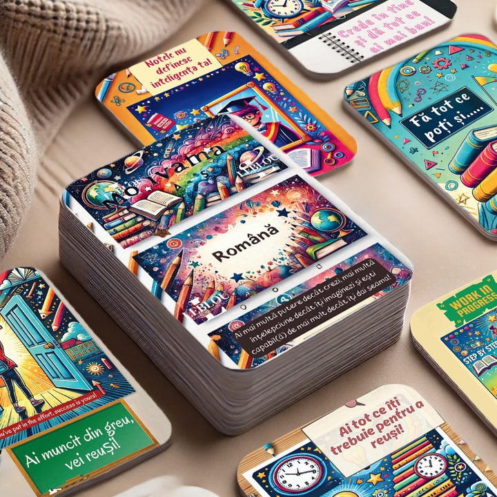 Cartonase motivationale folosite de profesori si invatatori pentru a incuraja elevii la teste si examene – Set 35 Cartonase in limba Romana, dimensiune 100x143 mm, plastifiere mata