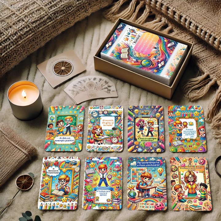 Cartonase motivationale folosite de profesori si invatatori pentru a premia si recunoaste efortul elevilor – Set 35 Cartonase in limba Romana, dimensiune 100x143 mm, plastifiere mata