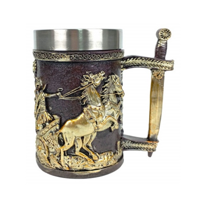 Halba de bere model Roman, din Otel Inoxidabil si Rasina, Cana medievala, Cana Viking, Capacitate 600ml, Auriu