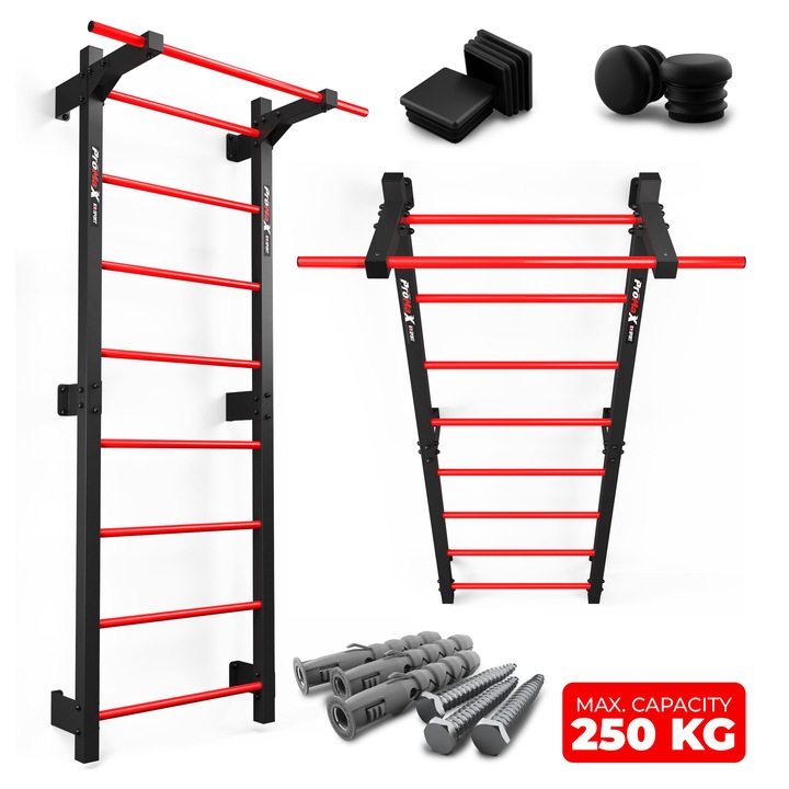 Scara Gimnastica Cu Bara De Tractiuni, K-SPORT, KSSL094, Metal, Sarcina Maxima 250 kg, Destinata Adultilor Si Copiilor, Fixare Stabila Pe Perete, Multifunctional, Calistenica, Antrenament Pentru Intregul Corp, 215 x 100cm, Negru/Rou