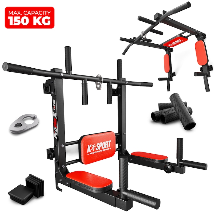 Aparat Multifuncitonal Pentru Tractiuni, KSSL081/3, Metal, Ideal Pentru Exercitii Pentru Spate, Piept, Brate, Abdomen, Capacitate Maxima 150 kg, Greutate 16 kg, Destinat Calistenicii, Set Cu Carlige Pentru Montare Pe Perete, 100 x 59 cm, Negru/Rosu